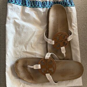 Tory Burch Cream and Tan Miller Cloud Sandals